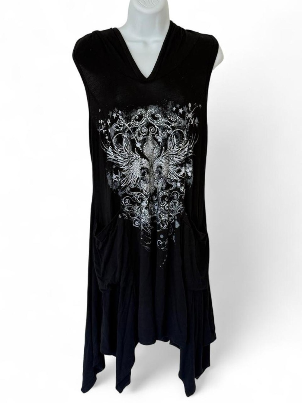 S-Twelve Black Sleeveless V-Neck Tunic with Silver Winged Graphic